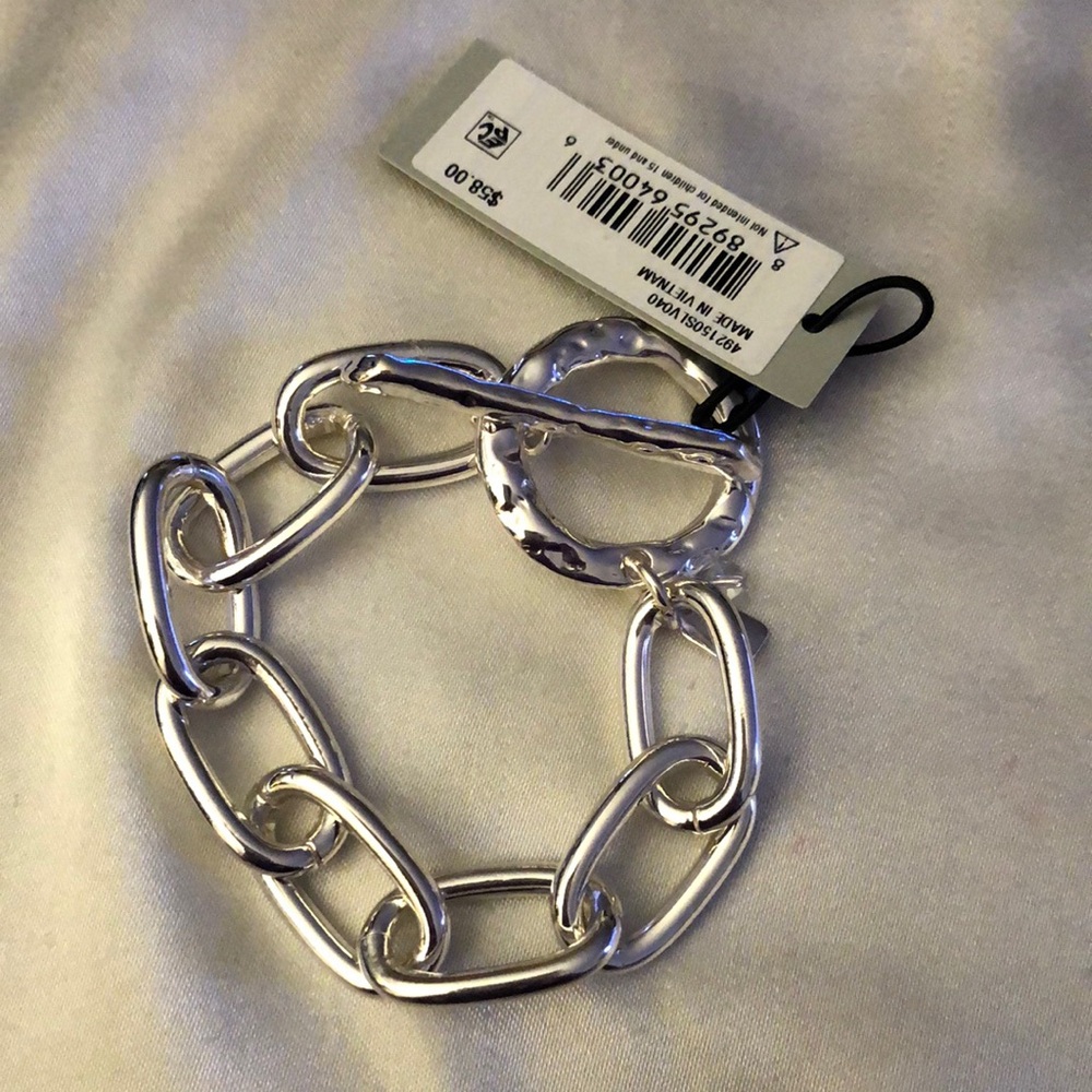 Robert Lee Morris Polished Silver Tone Chain Link Bracelet Hammered Toggle NWT